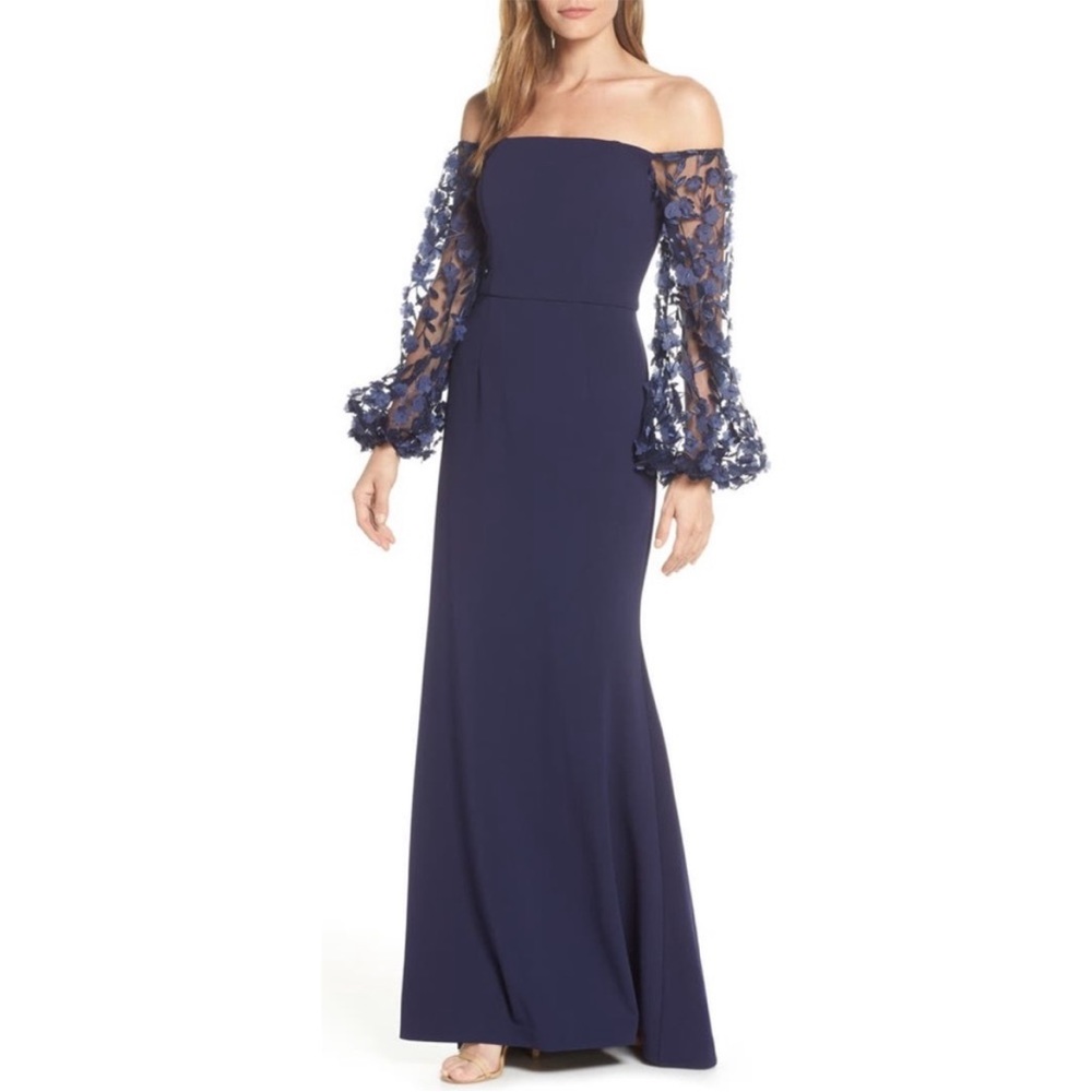 ELIZA J Off The Shoulder 3D Floral Sleeve Navy scuba crepe Blue Gown size 8 - Picture 3 of 13